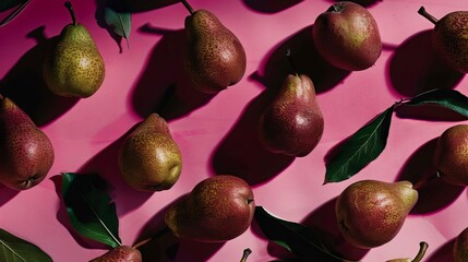 Wall Mural - Juicy, ripe pears nestle among verdant leaves against a delicate pink backdrop, creating a tantalizing still life.