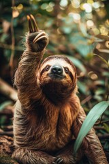 Poster - A brown and black sloth hangs lazily from a tree branch, enjoying the view