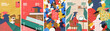 © Ardea-studio - Education at university, college and school. Vector abstract modern illustration of graduates, textbooks, pattern, studying student at computer preparing for exams and doing homework for poster