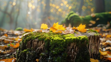 Poster - A close-up of a tree stump overgrown with moss and leaves