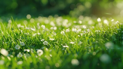 Canvas Print - A lush green meadow with white flowers blooming in the sunlight