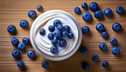 Wall Mural - a cup of blueberries and yoghurt on a wooden table seen from above