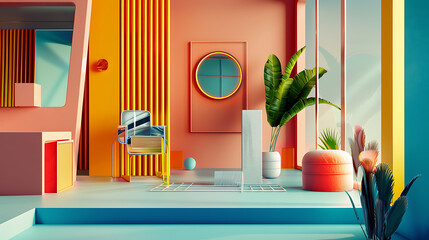 Wall Mural - an intriguing 3D illustration with vibrant colors, featuring an abstract interior space.