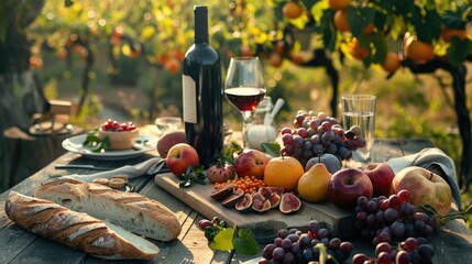 Sticker - A wooden table with a bottle of wine and a selection of fresh fruit, ideal for a dinner party or special occasion