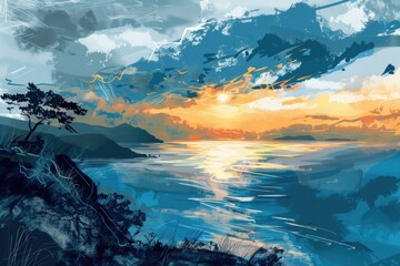 Poster - A serene landscape featuring a stunning sunset over a calm body of water