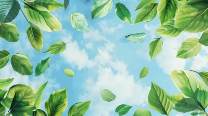 Canvas Print - Green spring leaves pattern with blue sky background for organic product design