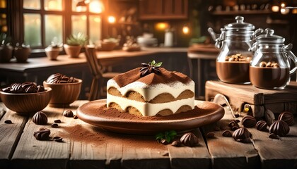 Wall Mural - Tiramisu cake on a wooden table in a rustic style kitchen