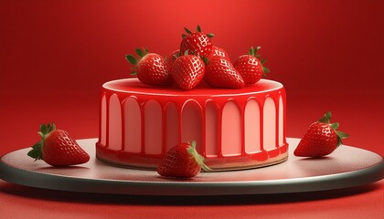 Wall Mural - studio picture of strawberry cheese cake on red background