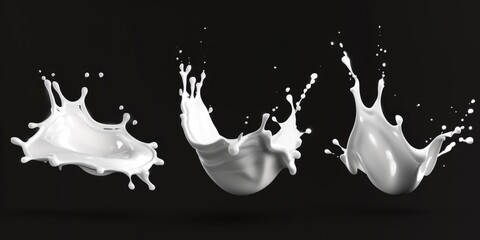 Poster - Three white milk splashes on a dark black background