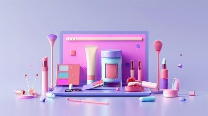 Online shopping for cosmetics through website and mobile app. Innovative marketing strategy. 3D web vector illustrations showcase this concept.