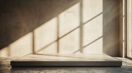 Poster - A minimalist interior space featuring a large window and a raised platform, perfect for use in architectural or design-related contexts