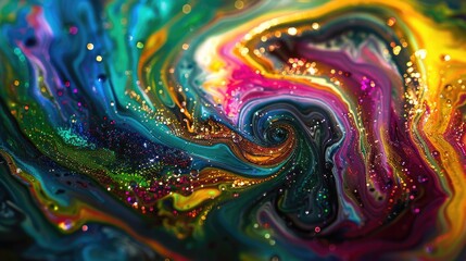 Poster - A close-up view of a vibrant and abstract liquid painting with swirling colors