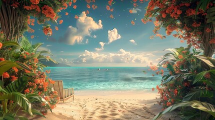 Wall Mural - A beautiful beach scene with a lush green forest in the background