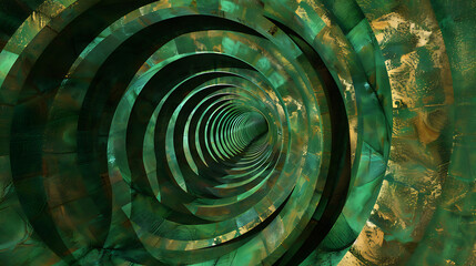 Wall Mural - a series of concentric circles creating a spiral effect, with varying shades of green and touches of gold. The pattern gives the impression of depth, as if looking into a tunnel