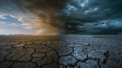 Poster - A desert landscape with a lightning bolt striking, suitable for weather or natural disaster themes