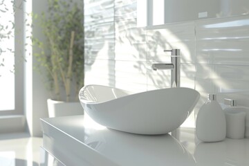Poster - A simple bathroom sink sits under a window, ready for use