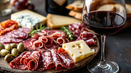 Red wine glass with buffet platter with cheese and meats, antipasti, prosciutto, charcuterie