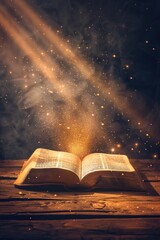 Poster - A book opened on a wooden table with a beam of light shining from within, symbolizing knowledge and understanding