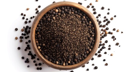 Poster - A wooden bowl filled with black pepper seeds for culinary or decorative use