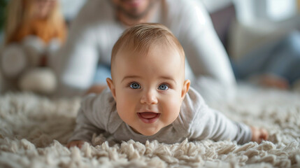 the father  helps the baby take the first steps to walk , happy baby crawls   with the support of the father 