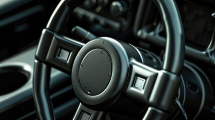 Poster - Close-up shot of a car steering wheel, ideal for automotive or travel-related uses