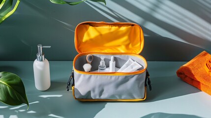 A compact, bright toiletry bag with essential items visible