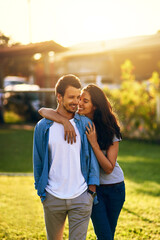 Poster - Date, smile and couple hug outdoor for love, care and bonding together on park lawn. Happy, man and woman embrace at garden for commitment, support and trust in romantic relationship on vacation