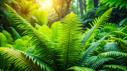 Sticker - Fern plant leaves, green tropical forest background