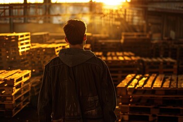 Poster - A man standing in front of a warehouse filled with pallets