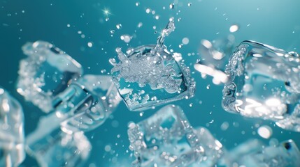 Poster - A collection of ice cubes suspended in water, ideal for use in illustrations and designs about cold temperatures or winter themes