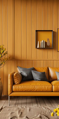 Retro orange wall panelling with mid century modern furniture and home decor in warm colors conveys a sense of calm and nostalgia.