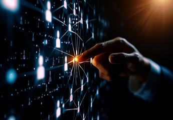 Aufkleber - Businessman touching icons on a touch screen in the style of social networks and people,