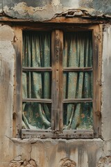 Poster - A window with a green curtain hung on a stone wall
