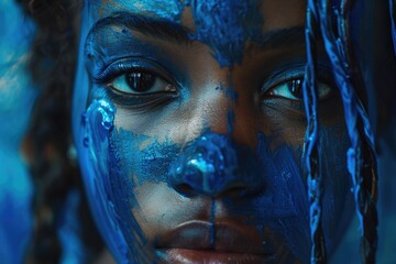 Poster - Close-up shot of a woman's face with blue paint, ideal for artistic or expressive use