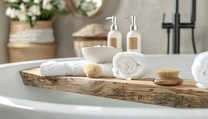 Poster - Wooden board with spa products on bath tub in bathroom