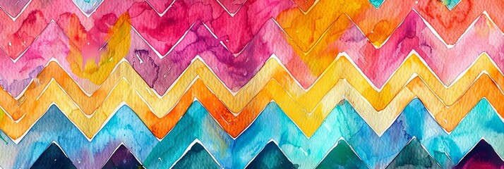 Poster - Bright Watercolor Zigzag Pattern in pink, yellow, orange, blue, and purple