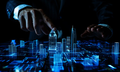 Wall Mural - Businessman touching a digital city model on a touch screen 