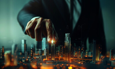 Wall Mural - Businessman touching a digital city model on a touch screen 