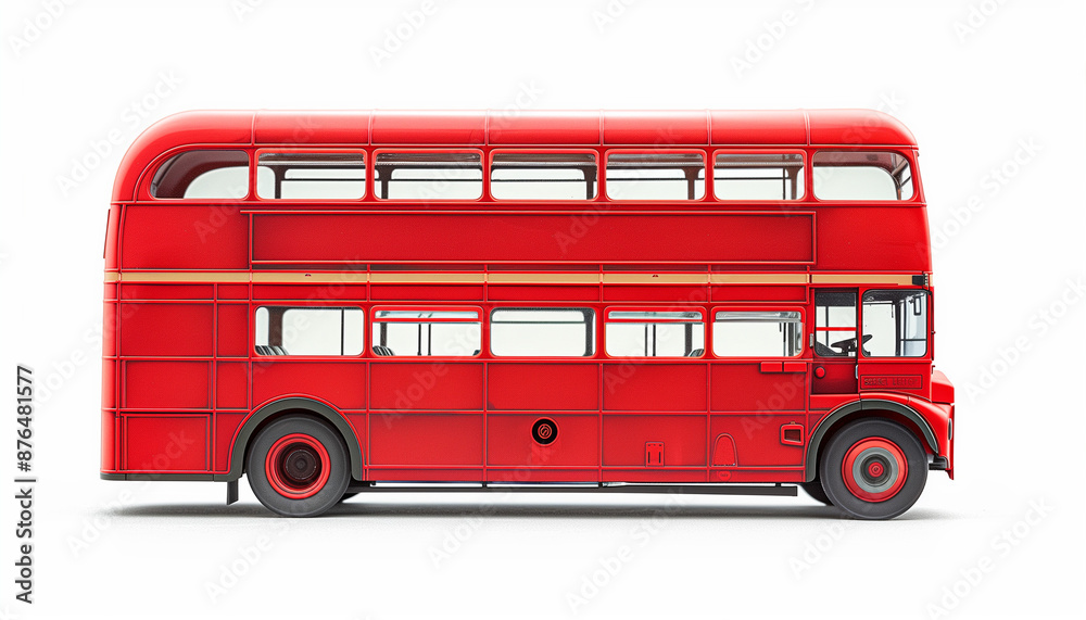 Classic red double-decker bus, side view, set against a plain white ...