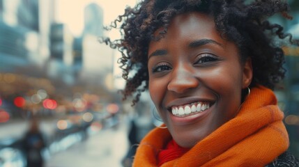 Aufkleber - A woman wearing an orange scarf smiles directly into the camera, conveying a sense of friendliness and approachability