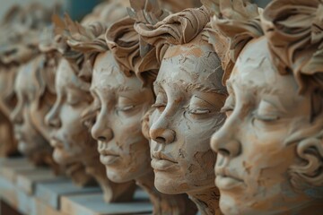 Poster - Row of clay heads with different facial expressions and hairstyles, displayed on a wooden shelf