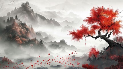 Poster - Chinese landscape painting, with traditional brush techniques, captures serene scenes with timeless artistry.