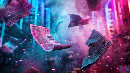 Poster - A newspaper is flying through the air with a headline that reads 