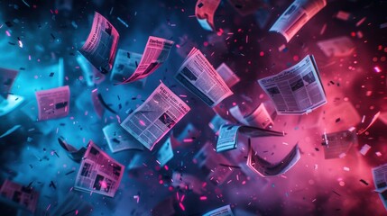 Poster - A newspaper is flying through the air with a headline that reads 