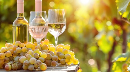 Two glasses of white wine, a bottle, and green grapes on a wooden table in a sunlit vineyard. Perfect for wine, vineyard, and nature themes.