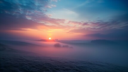 Sticker - a foggy sunrise with a few trees in the foreground and a few clouds in the background