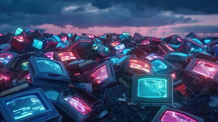 Poster - A pile of old televisions with bright lights on them. Scene is chaotic and disorganized