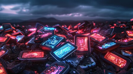 Poster - A pile of old televisions with bright lights on them. Scene is chaotic and disorganized