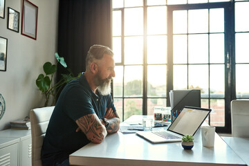 Poster - Mature boss, businessman and arms crossed on laptop in office for feedback email, company review or website update. UX designer, person and pride at desk to monitor online software or app development