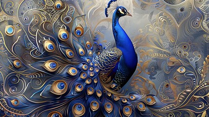 Aufkleber - Blue and Gold Rococo Peacock in Intricate Detail